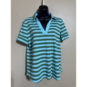 Talbots Blue Green Striped Roll Cuff Johnny Collar Pullover Shirt Size L preppy